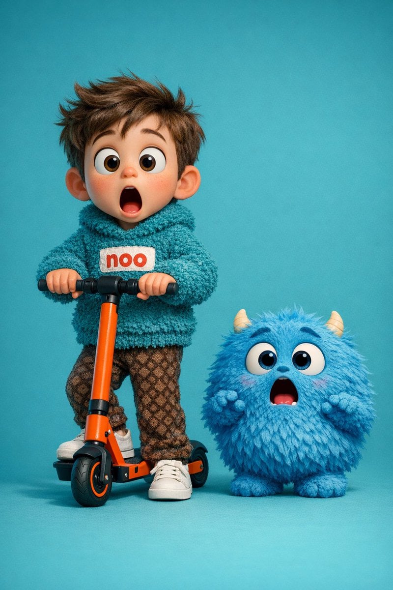 3D Boy on Scooter with Blue Furry Monster (2)